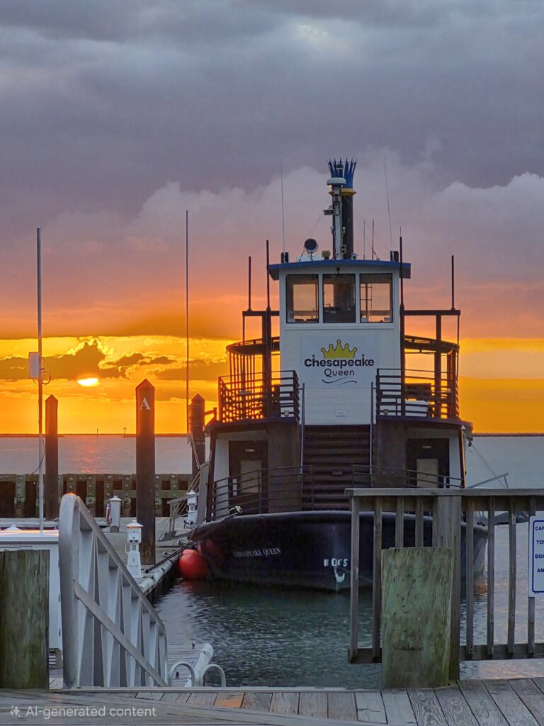 The Chesapeake Queen tour boat at sunset